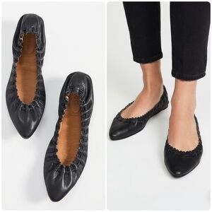 NEW Womens Size 7 See by Chloé Jane Point Black Scalloped Leather Ballet Flats